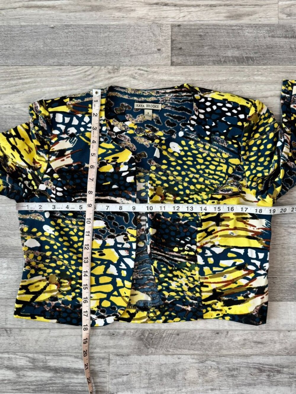 Maya Brooke blue yellow patterned 3/4 sleeve crop blazer size 8 P24 - Picture 5 of 6